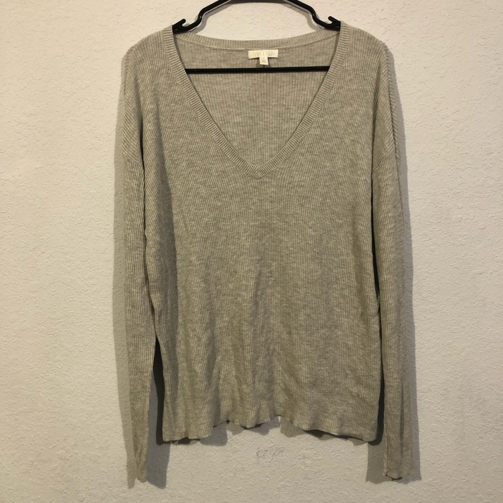 Abound Light Gray Ribbed Knit Slouchy Oversized V-Neck Sweater